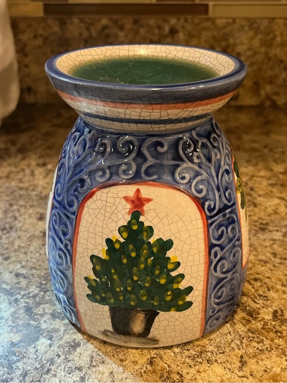 Blue Ceramic Tart Warmer with Holiday Greenery Motif